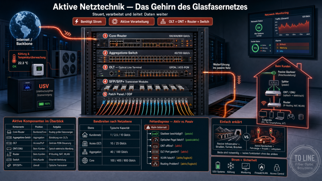 Aktive Netztechnik mit OLT, ONT, Router, Switch, Aggregations-Switch und Core-Router