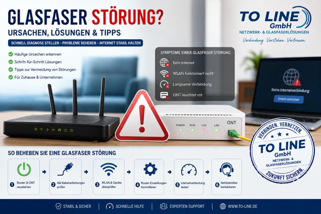 Infografik über Glasfaser Störung mit Router, ONT, Glasfaseranschluss, Fehlerdiagnose, Lösungen und Tipps zur Behebung von Internetproblemen – To Line GmbH
