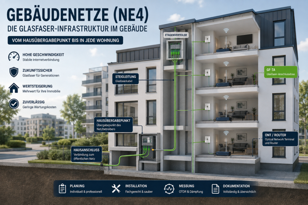 Gebäudenetze (NE4) mit Hausübergabepunkt, Glasfaserverkabelung, Etagenverteiler, GF-TA, ONT und Router im Mehrfamilienhaus.