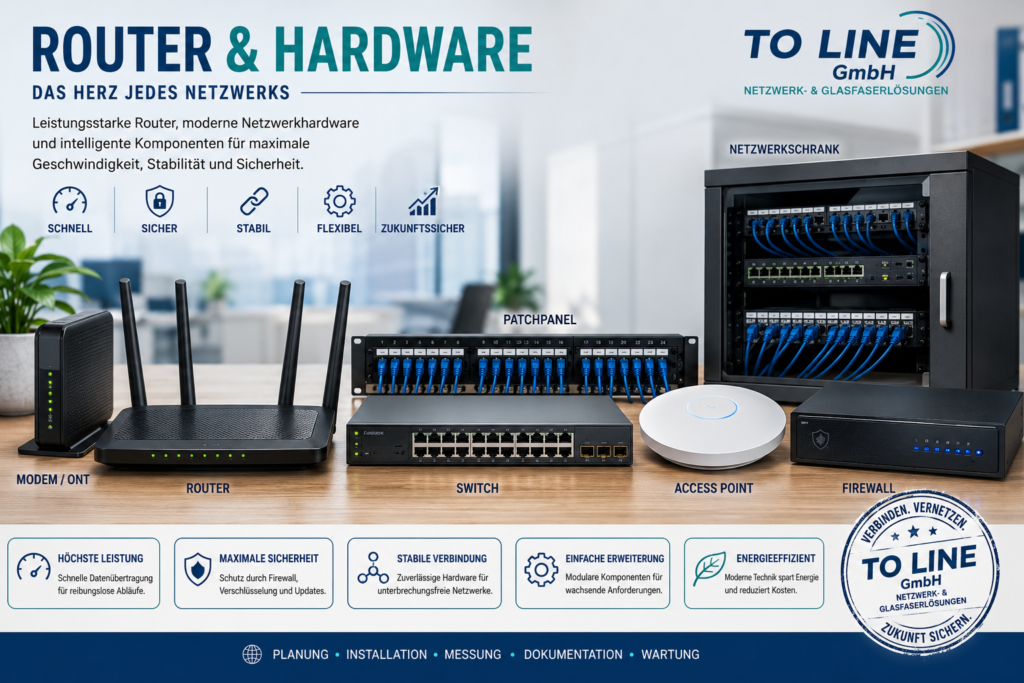 Professionelle Router- und Netzwerkhardware mit Switch, Firewall, Patchpanel und Access Point für FTTH-Netzwerke – To Line GmbH