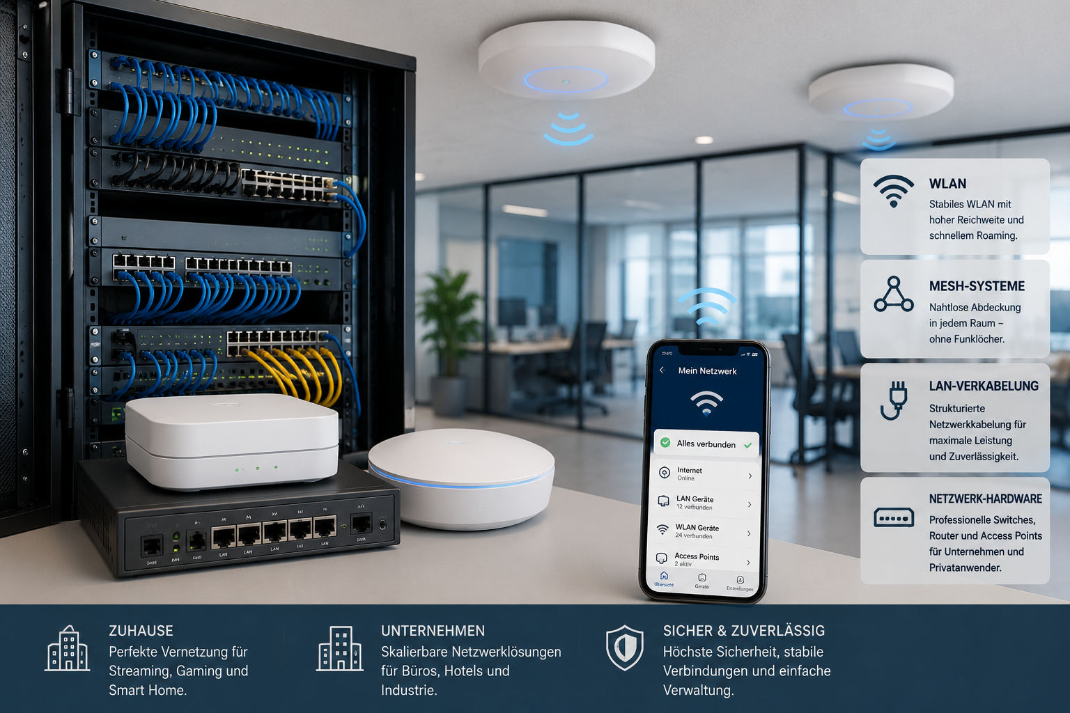 LAN & WLAN Netzwerk mit WiFi Access Points, Mesh-Systemen, Gigabit Switch und strukturierter Netzwerkkabelinstallation für Unternehmen und Privathaushalte.